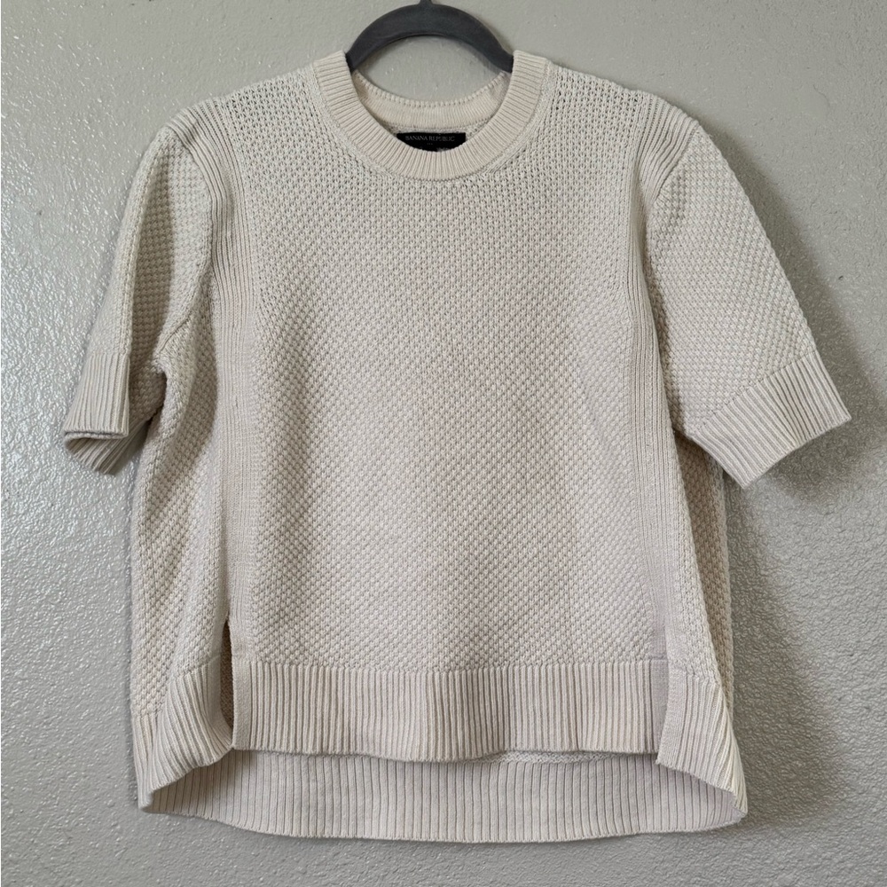 W Sz. S Cream SS Cropped Textured Front Slits Sweater Boho Hippie Indie Festival